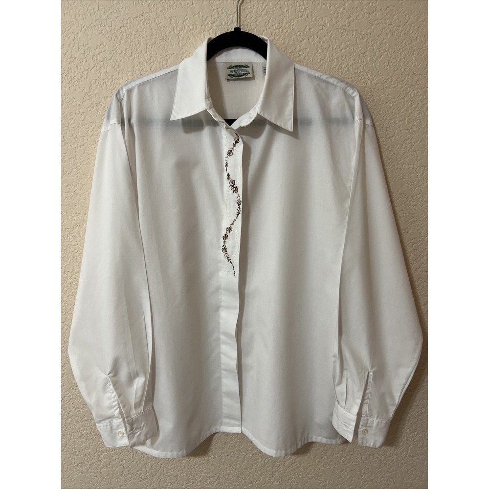 VTG Separate Issue White Blouse  Button Down Shirt Long Slv Floral Embroidery